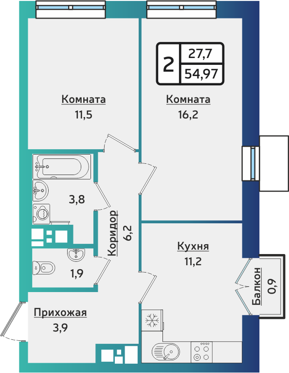 2-комнатная 54 м2 в ЖК ARTNOVA корпус null этаж 2