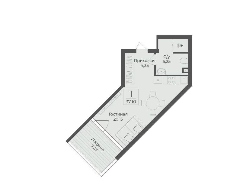 1-комнатная 37.1 м2 в ЖК undefined корпус null этаж 3