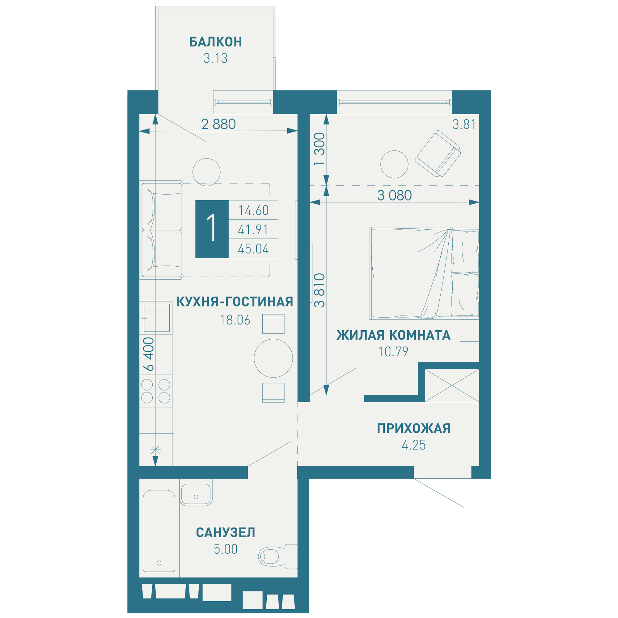 1-комнатная 46 м2 в ЖК ИНАЧЕ в Молодежном корпус null этаж 5