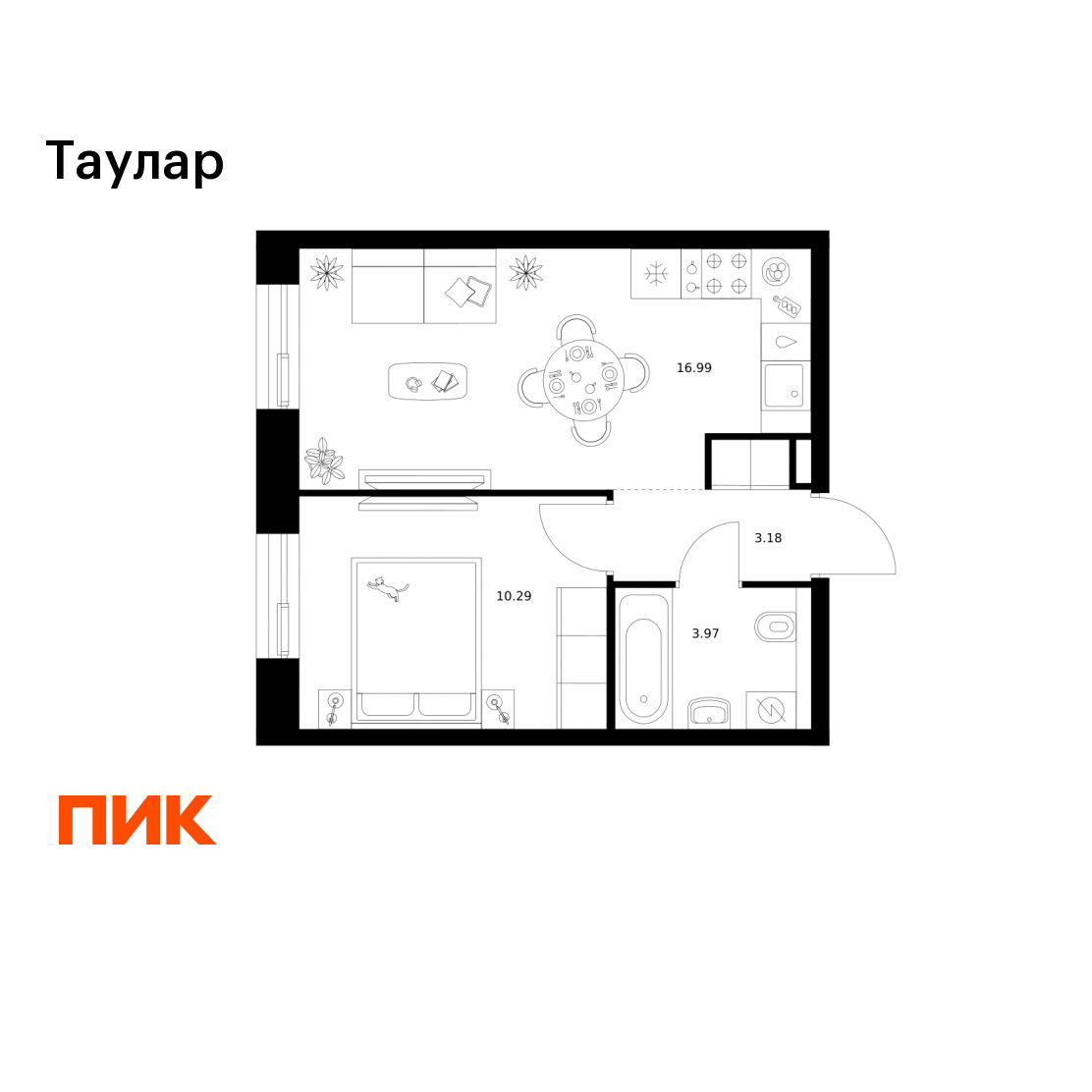 1-комнатная 34 м2 в ЖК Таулар корпус null этаж 2