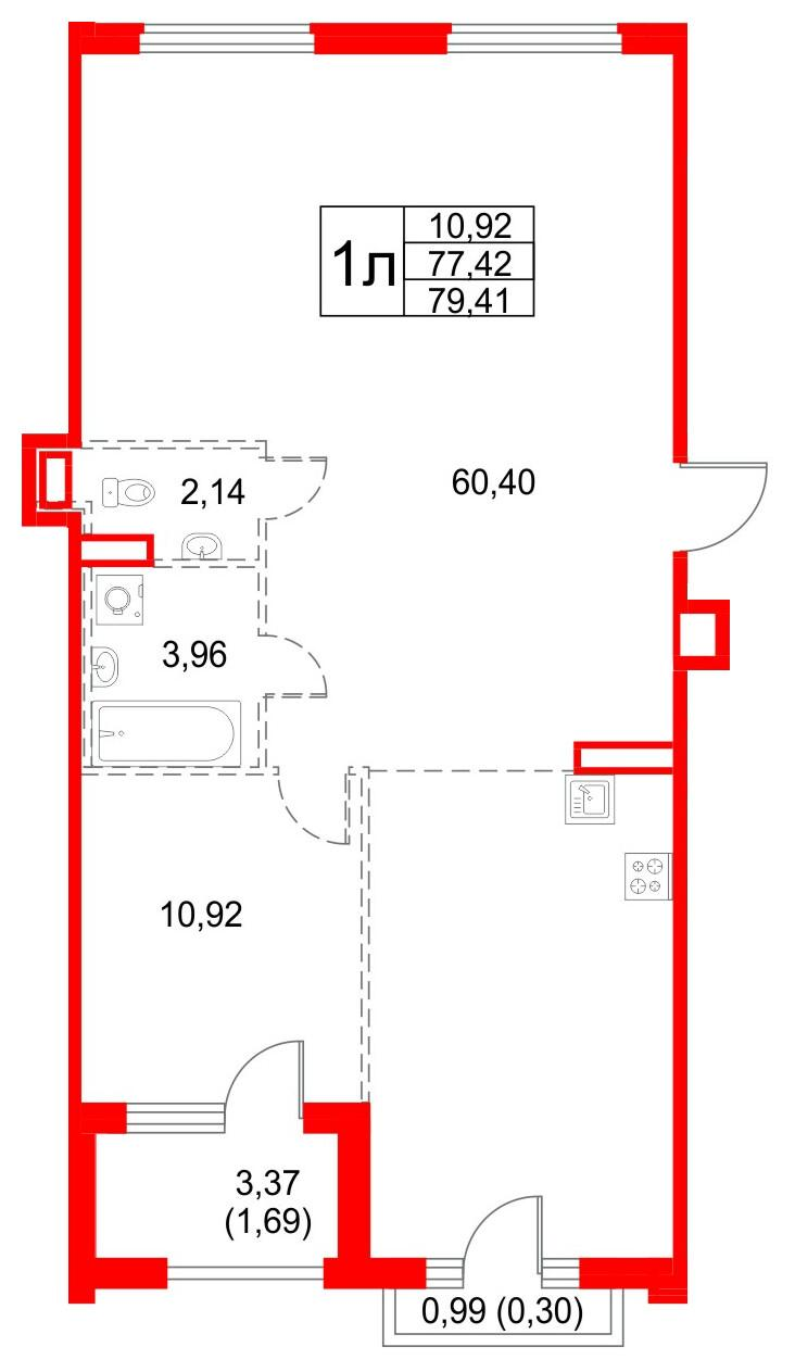 1-комнатная 79 м2 в ЖК Кронфорт. Центральный корпус null этаж 3