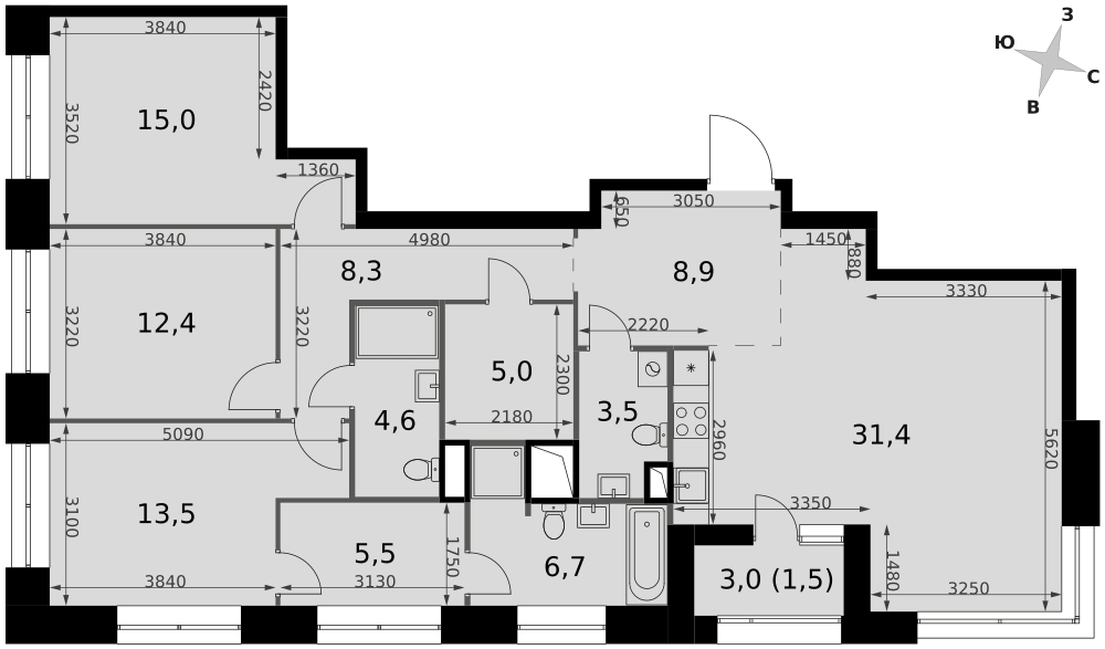 4-комнатная 116 м2 в ЖК Скай Гарден корпус null этаж 34