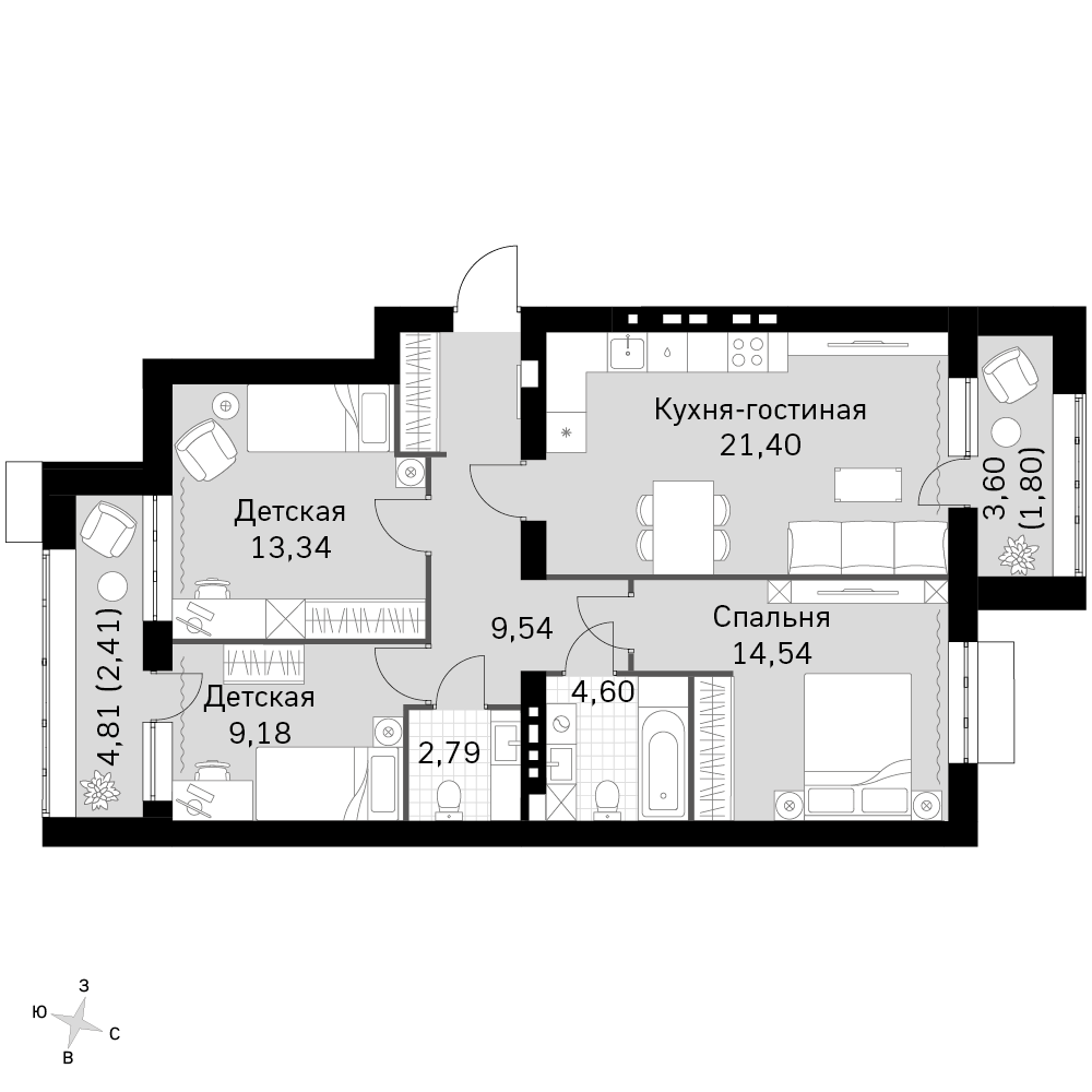3-комнатная 79 м2 в ЖК Жаворонки Клаб корпус null этаж 2