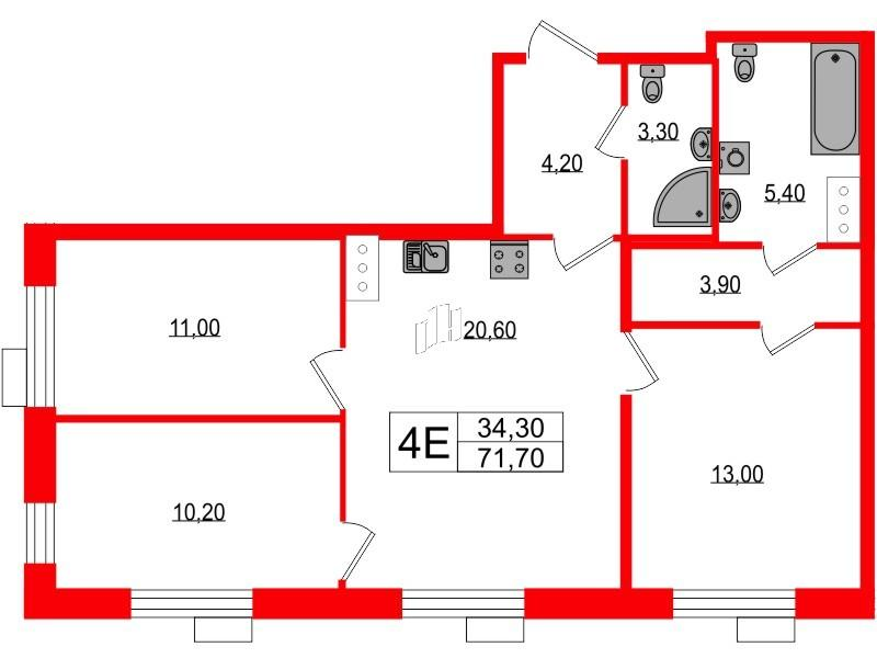 3-комнатная 71 м2 в ЖК Парусная 1 корпус null этаж 6
