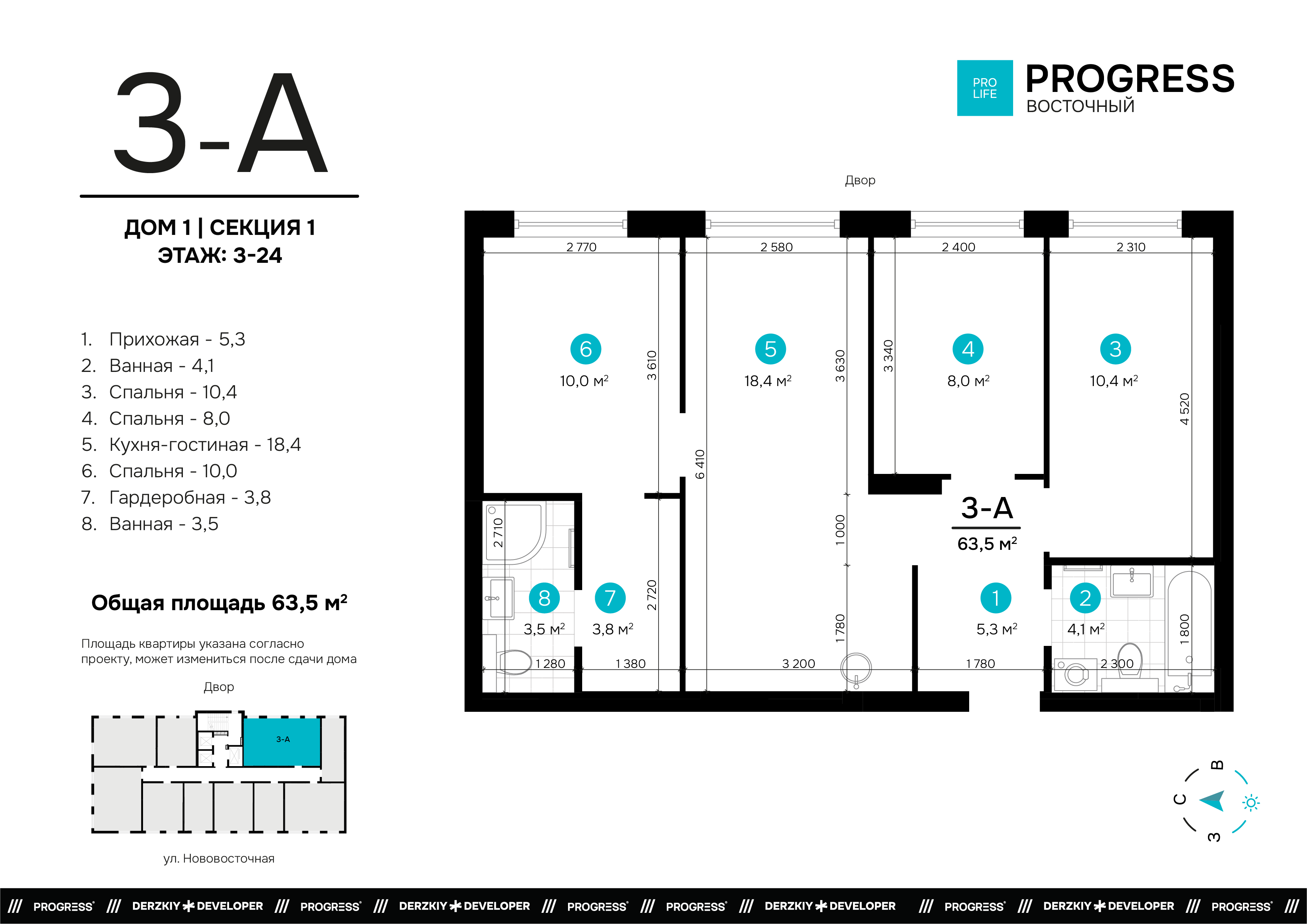 3-комнатная 63 м2 в ЖК Progress Восточный корпус null этаж 14