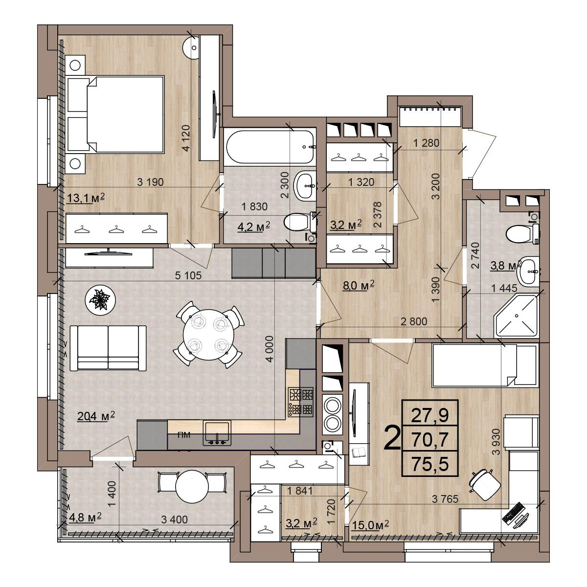 2-комнатная 75 м2 в ЖК Окская стрелка корпус null этаж 8
