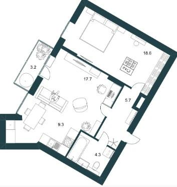 1-комнатная 56.7 м2 в ЖК undefined корпус null этаж 15