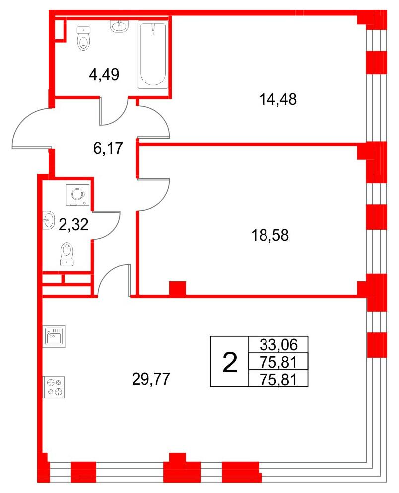 2-комнатная 75 м2 в ЖК Кронфорт. Центральный корпус null этаж 1