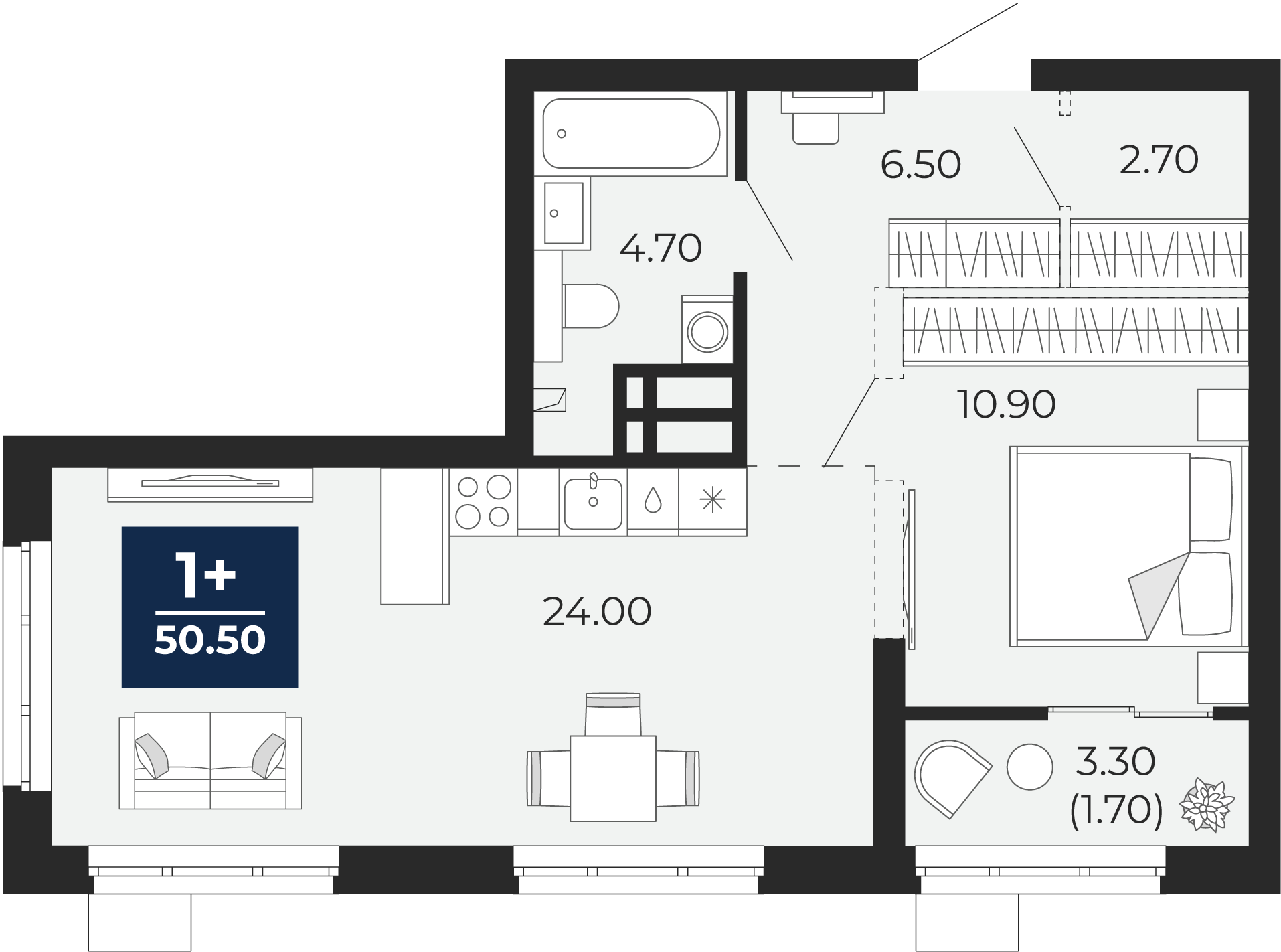 1-комнатная 48 м2 в ЖК Айвазовский корпус null этаж 12