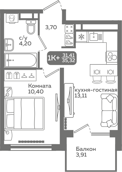 1-комнатная 31 м2 в ЖК Меридиан Слобода корпус null этаж 11