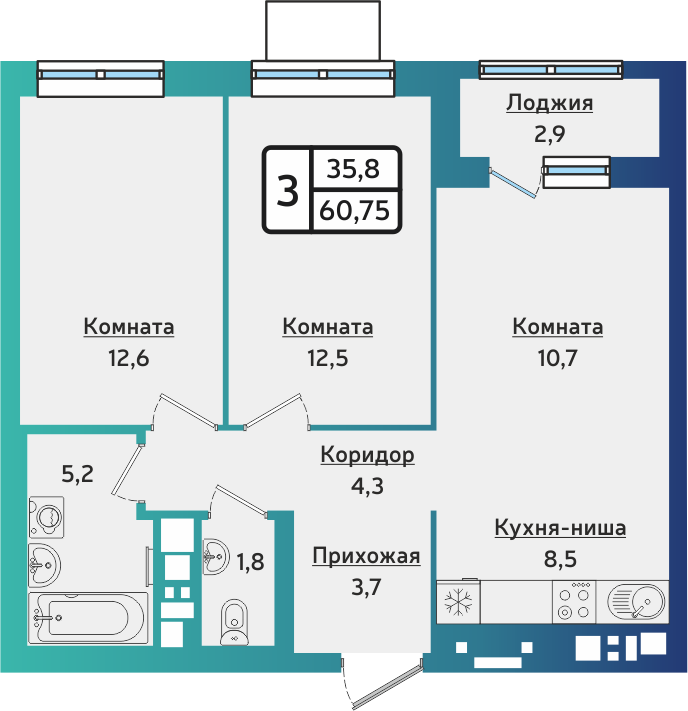 3-комнатная 60 м2 в ЖК ARTNOVA корпус null этаж 2