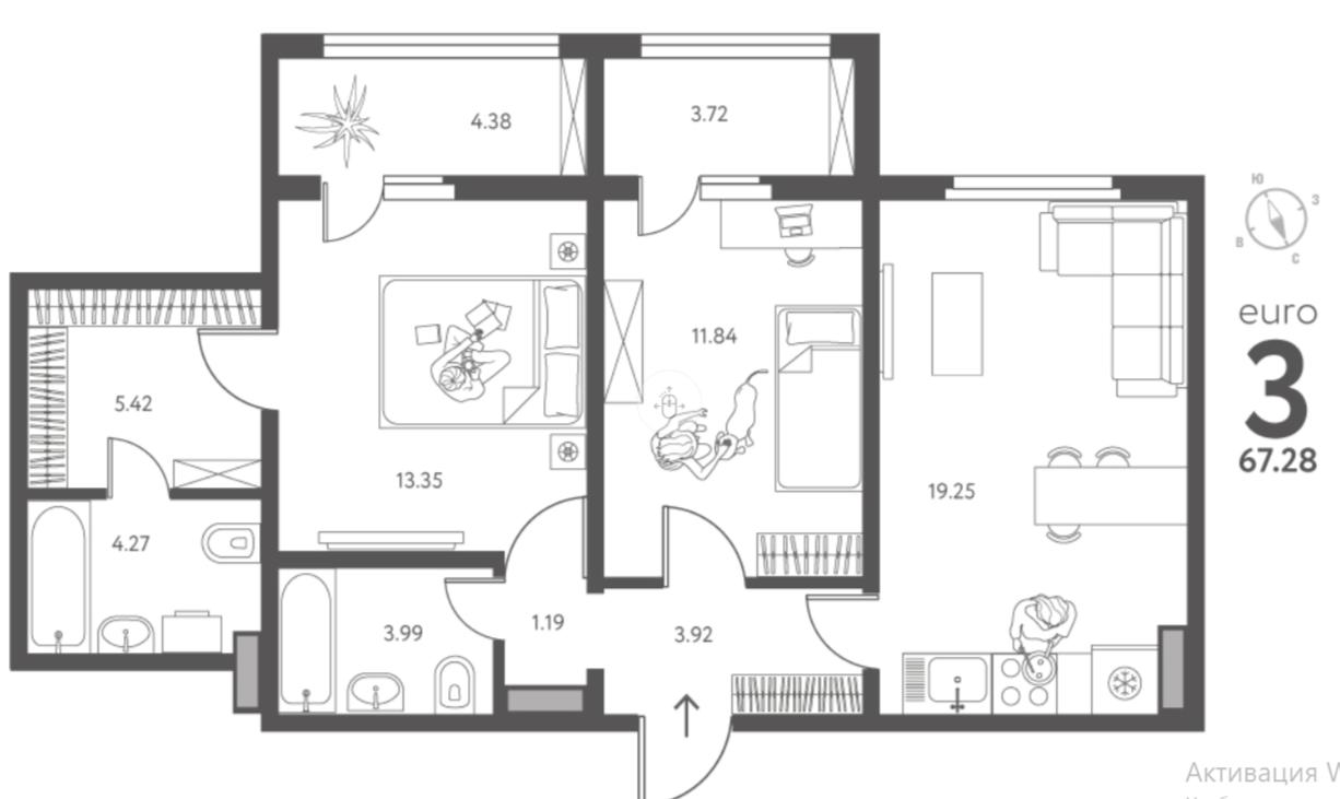 2-комнатная 67.3 м2 в ЖК undefined корпус null этаж 11