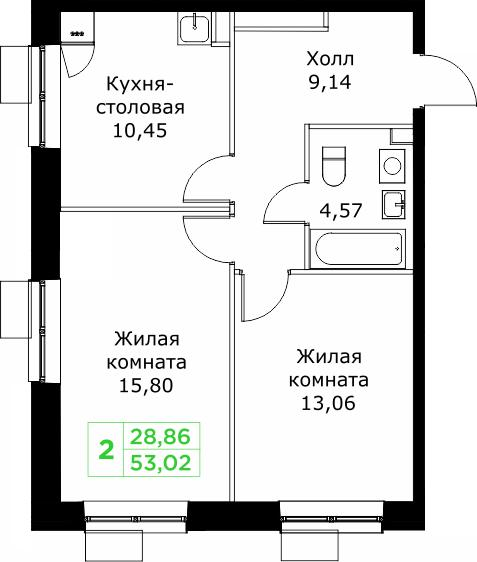 2-комнатная 53 м2 в ЖК Кит корпус null этаж 20