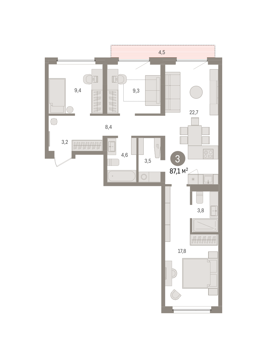 3-комнатная 87 м2 в ЖК Зарека корпус null этаж 5