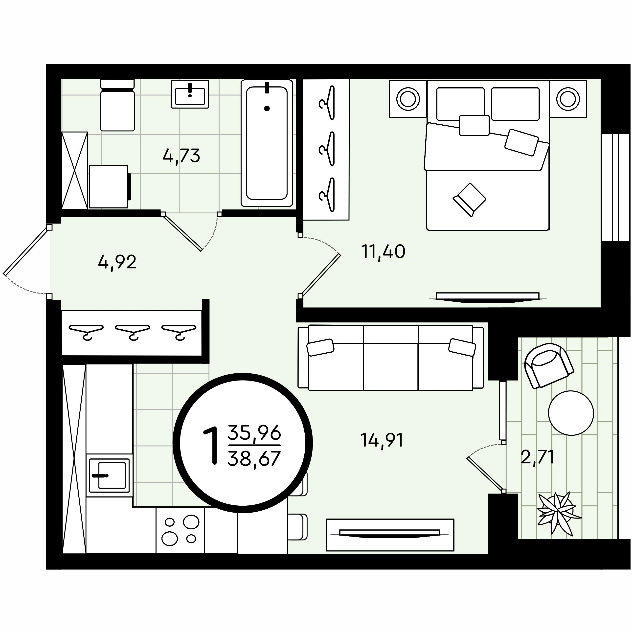 1-комнатная 38 м2 в ЖК Зеленые Аллеи корпус null этаж 2