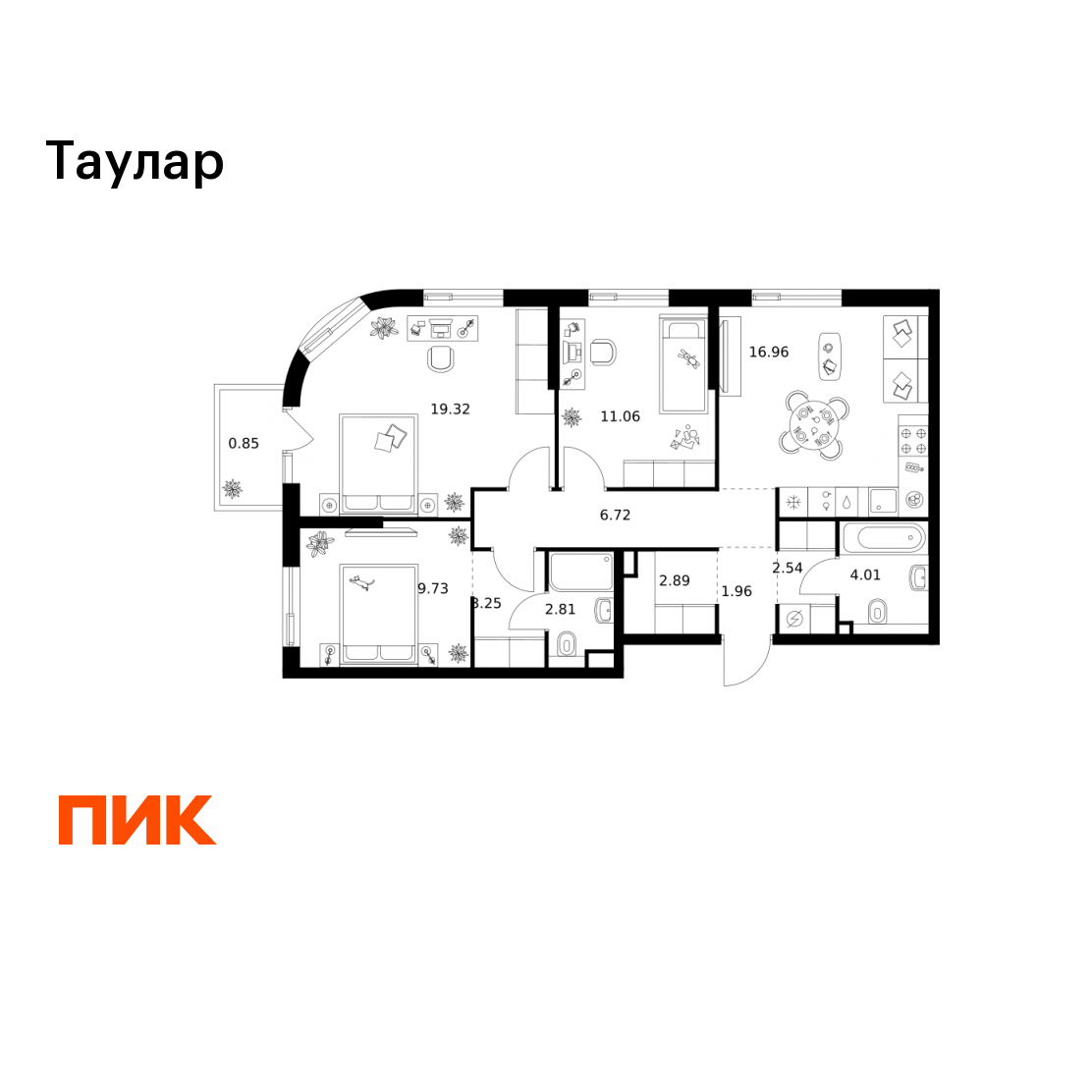 3-комнатная 82 м2 в ЖК Таулар корпус null этаж 16
