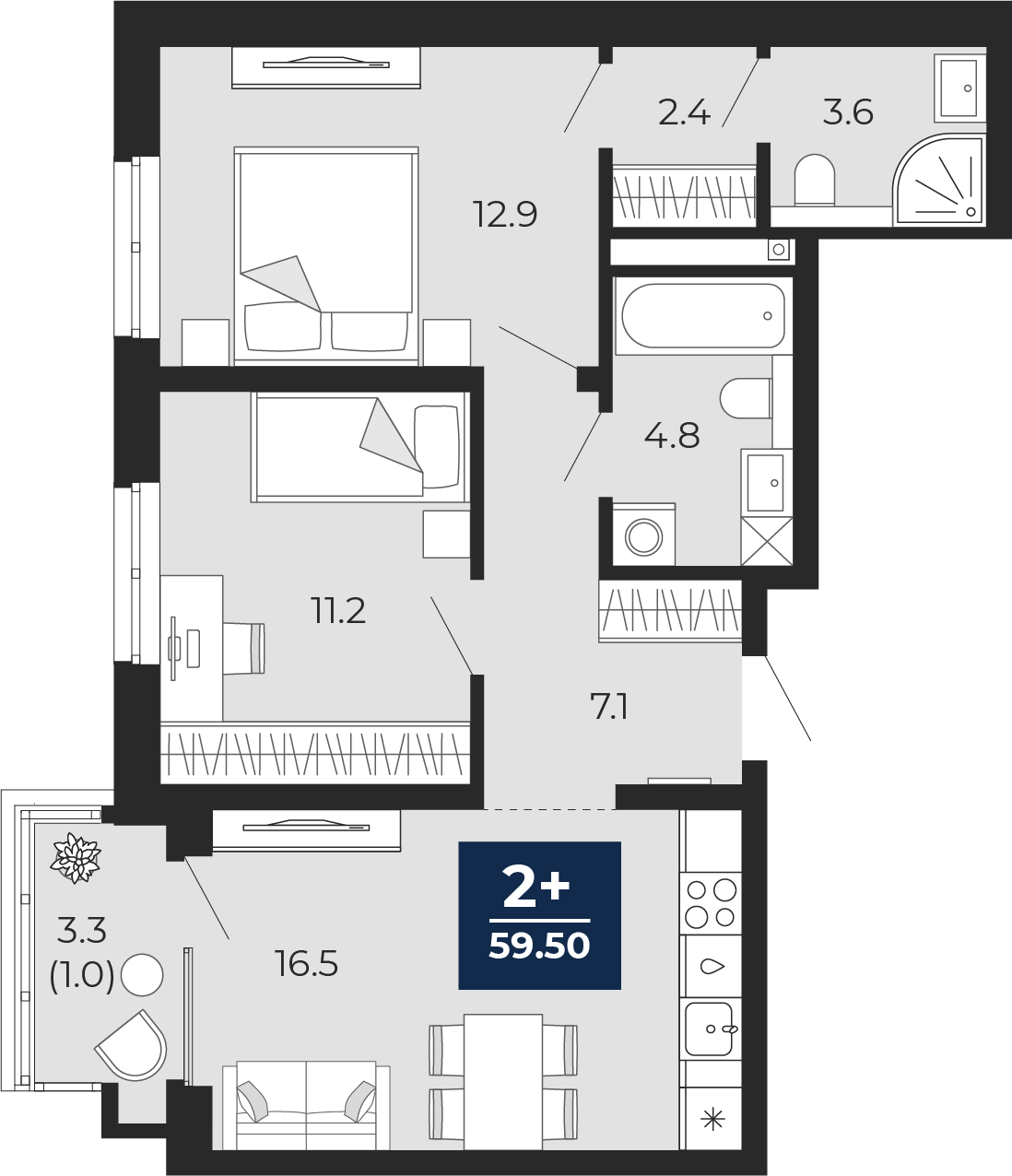 2-комнатная 58 м2 в ЖК Мириады корпус null этаж 10