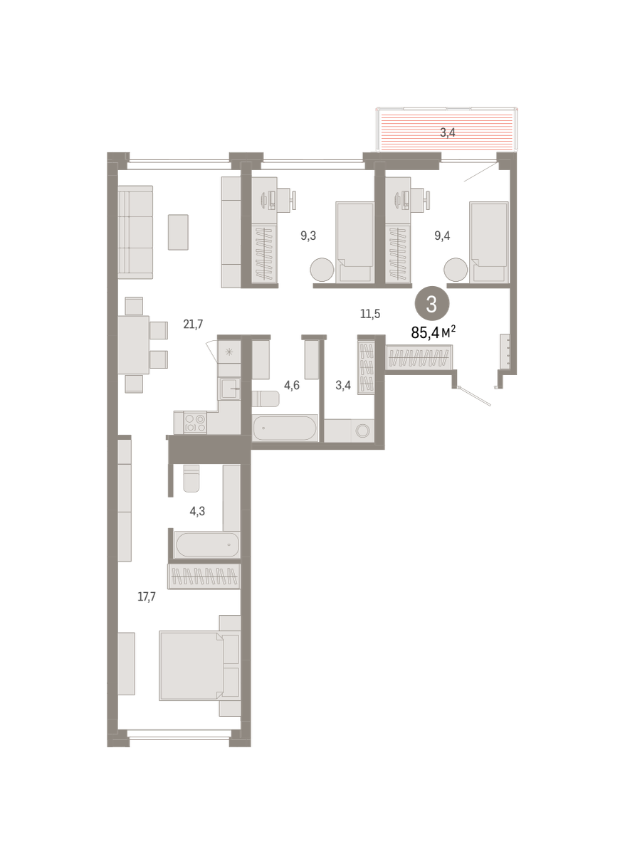 3-комнатная 85 м2 в ЖК Квартал Нефть корпус null этаж 6