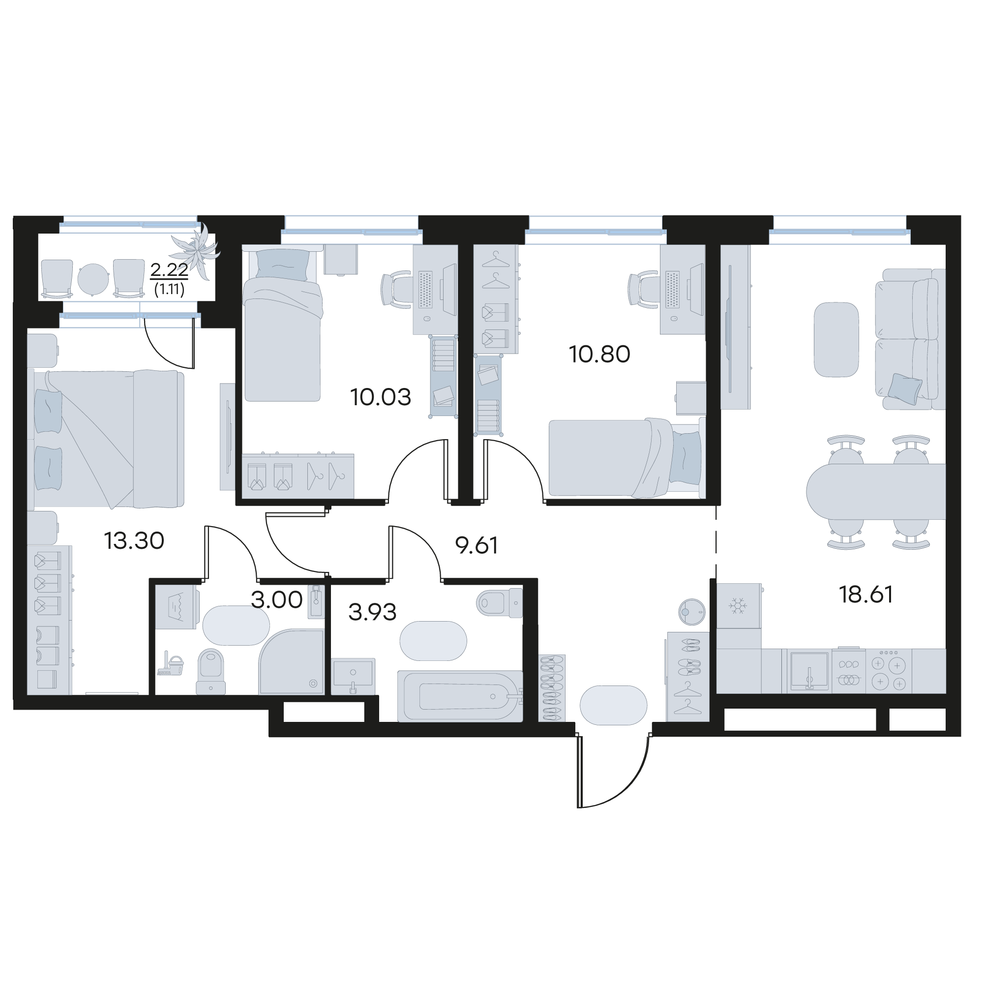 3-комнатная 70 м2 в ЖК GloraX Октябрьский корпус null этаж 9