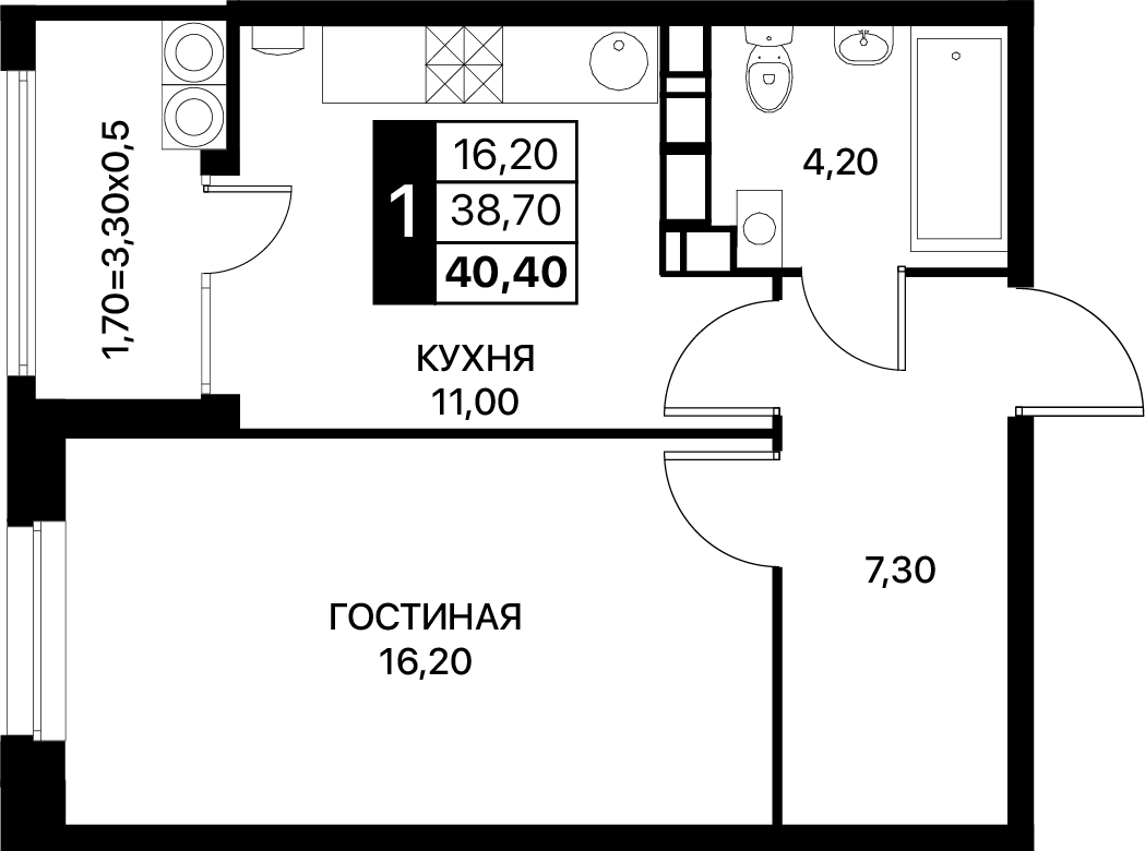 1-комнатная 40 м2 в ЖК SmartPolet корпус null этаж 17