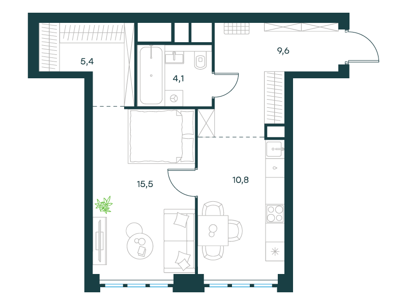 1-комнатная 45 м2 в ЖК Левел Южнопортовая корпус null этаж 15