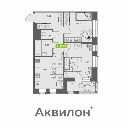 2-комнатная 48 м2 в ЖК Аквилон АКВАРТАЛ корпус null этаж 14