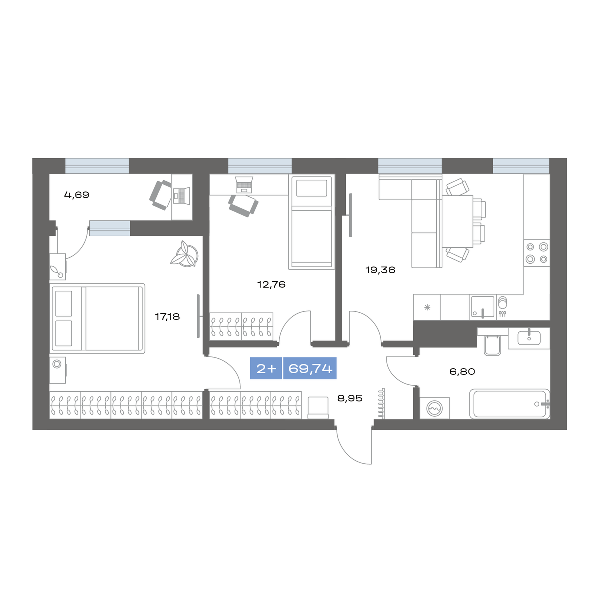 2-комнатная 69 м2 в ЖК Пятнашка корпус null этаж 2