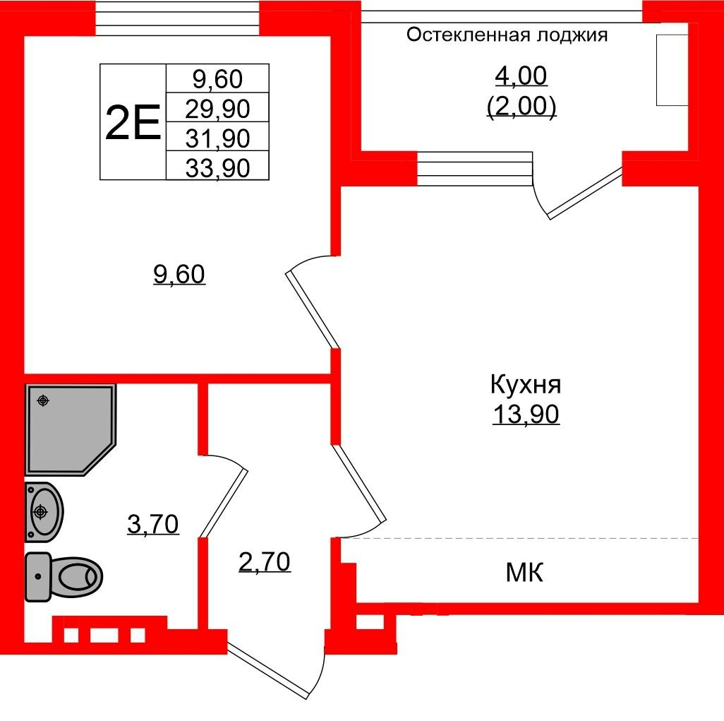 1-комнатная 31 м2 в ЖК Кроны и Волны корпус null этаж 2