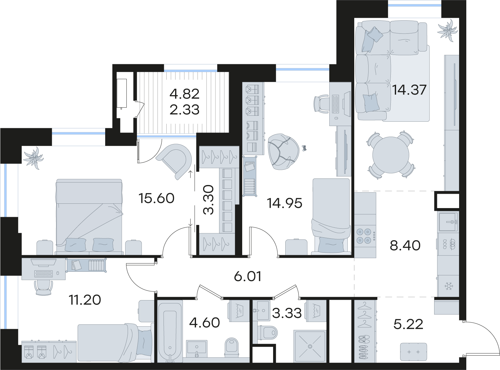 3-комнатная 89 м2 в ЖК Статус на Черниговской корпус null этаж 15
