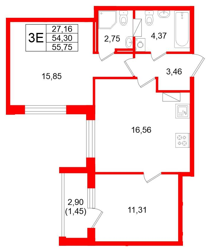 2-комнатная 55 м2 в ЖК Квартал Заречье корпус null этаж 4