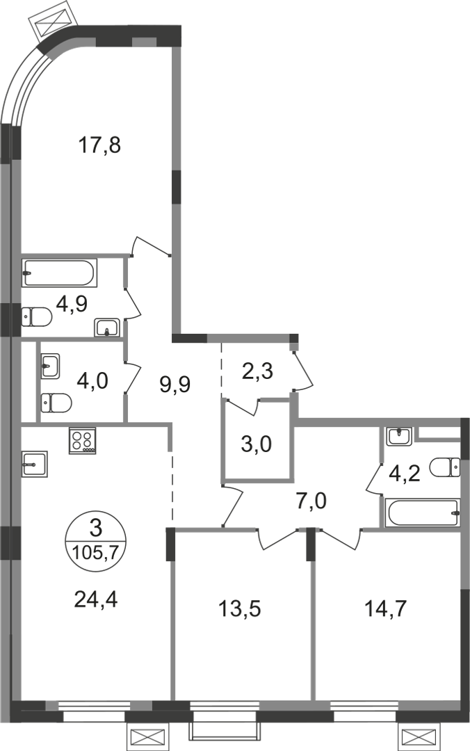 3-комнатная 105 м2 в ЖК Резиденции Сколково корпус null этаж 6