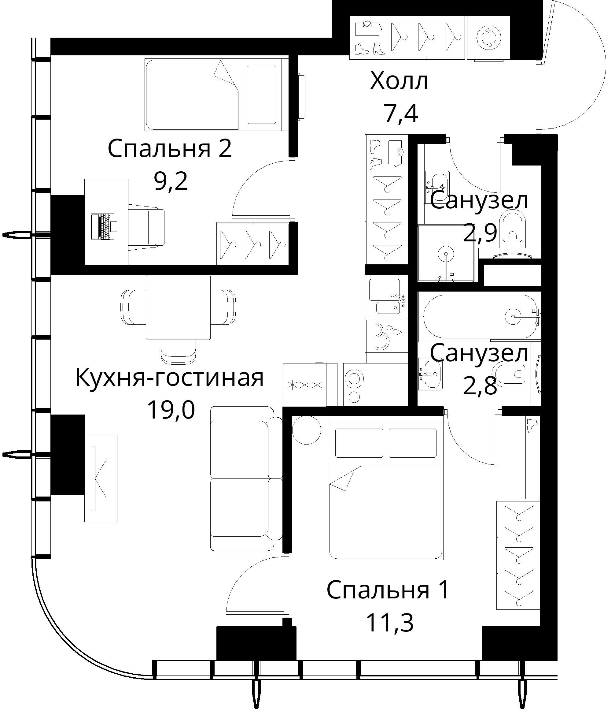 2-комнатная 52 м2 в ЖК Сити Бэй корпус null этаж 13