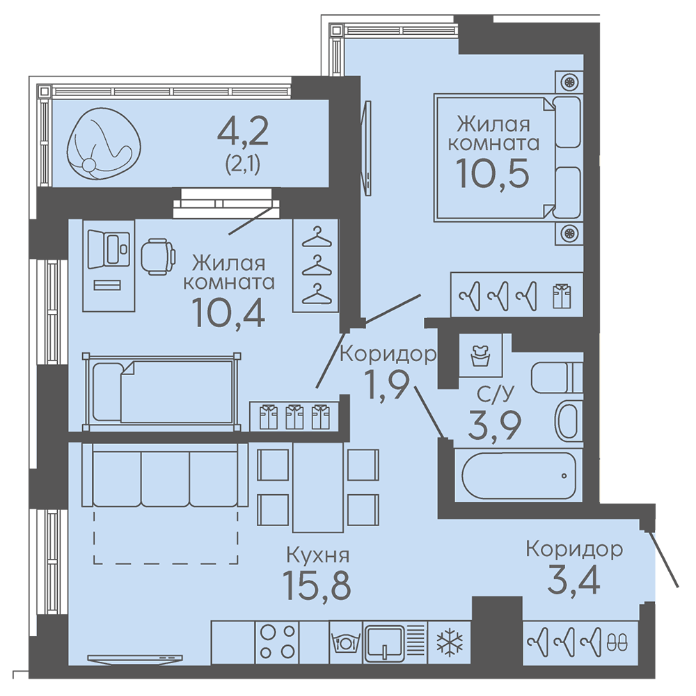 2-комнатная 47 м2 в ЖК Район «Новокольцовский» корпус null этаж 12