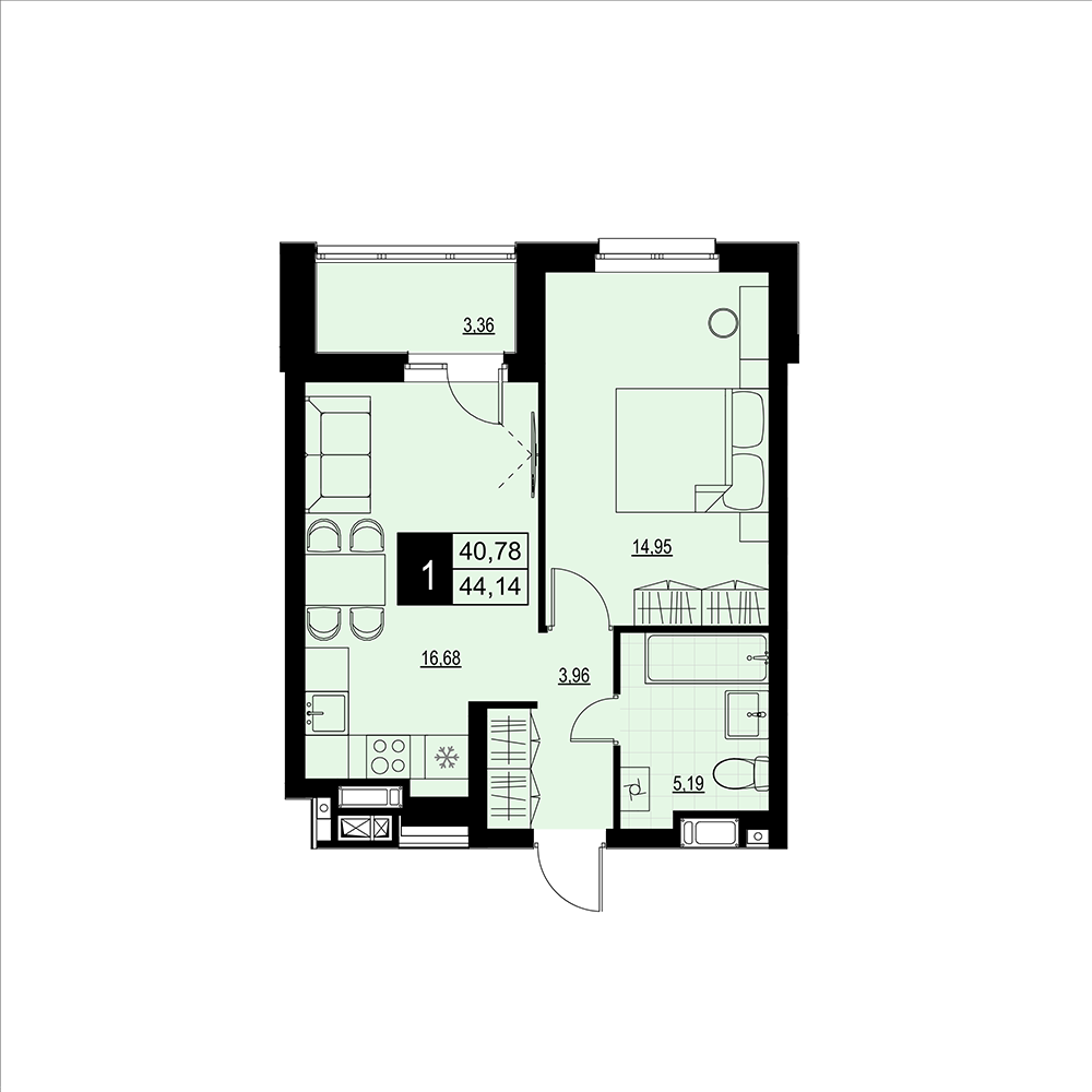 1-комнатная 42 м2 в ЖК Макрорайон Амград корпус null этаж 4