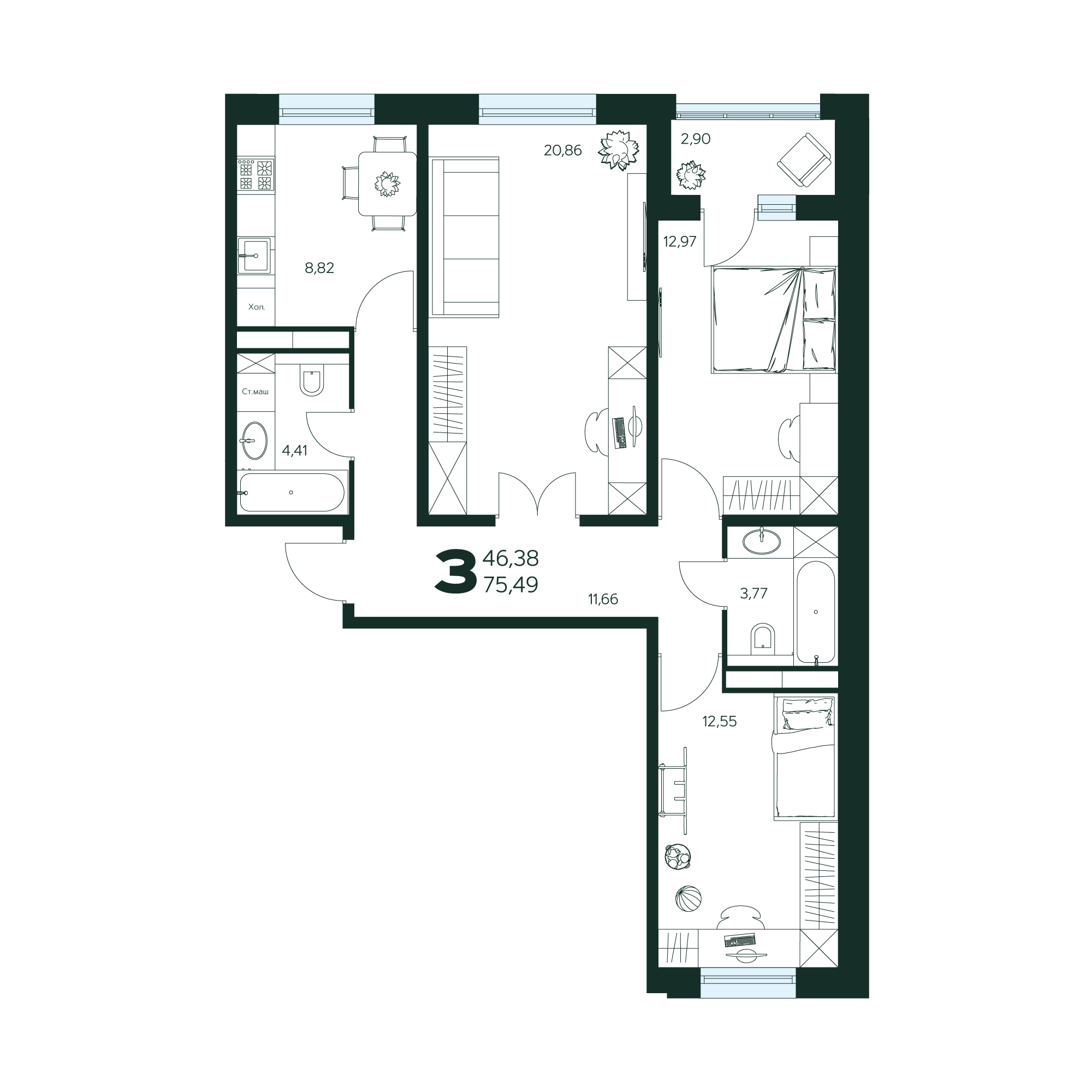 3-комнатная 75 м2 в ЖК Ласточкино корпус null этаж 2
