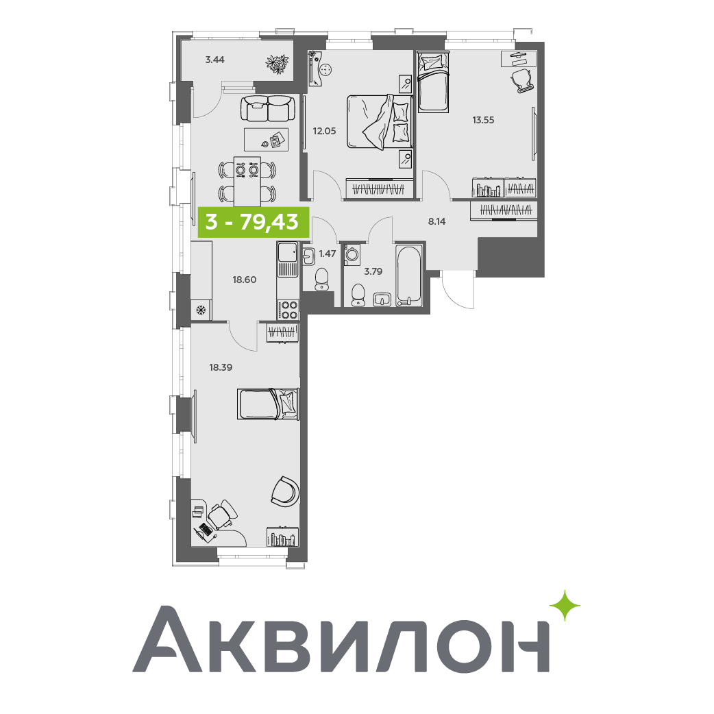 Студия 79 м2 в ЖК Аквилон АКВАРТАЛ корпус null этаж 8