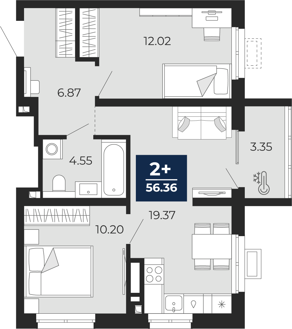 2-комнатная 53 м2 в ЖК Беринг корпус null этаж 6