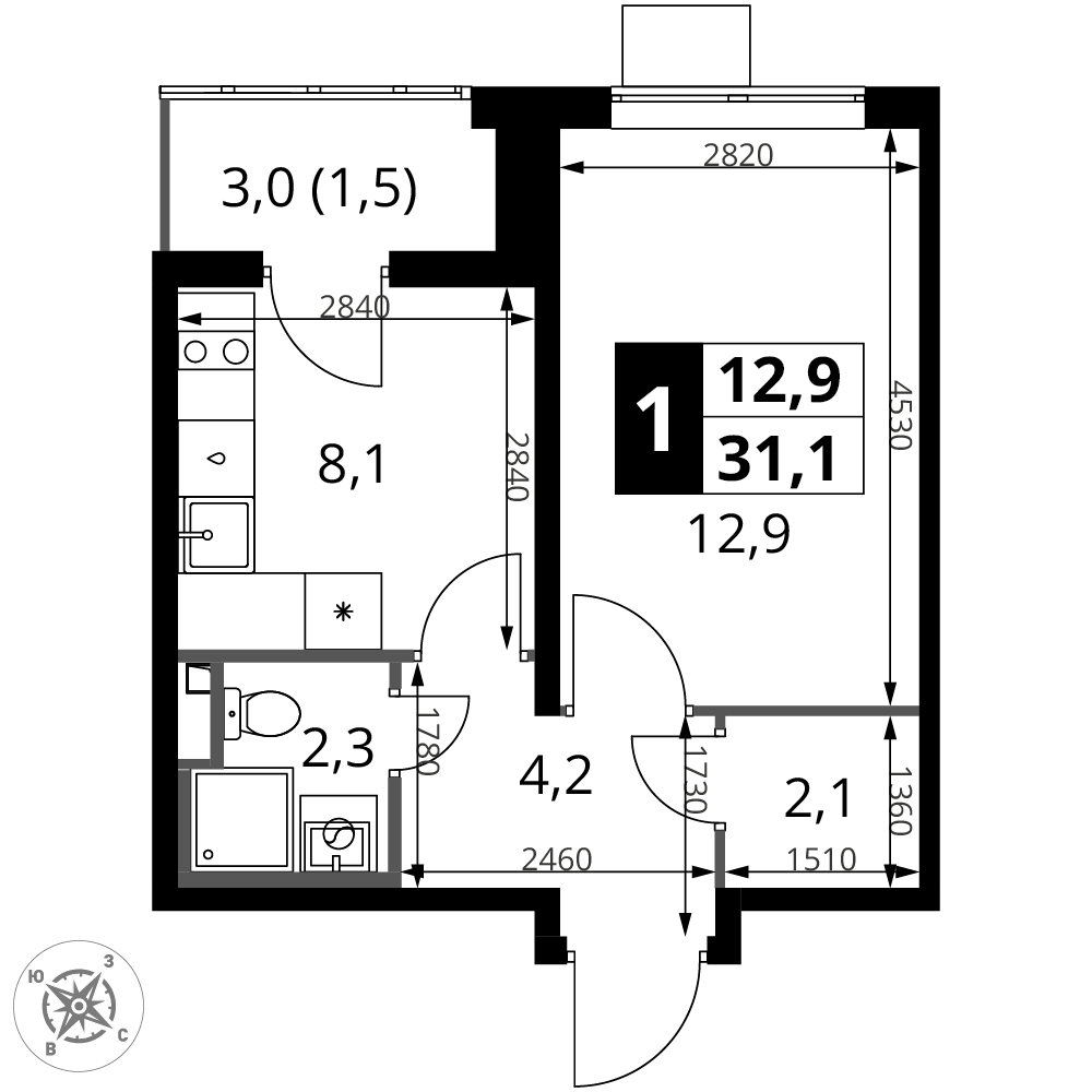 1-комнатная 31 м2 в ЖК 1-й Донской корпус null этаж 13