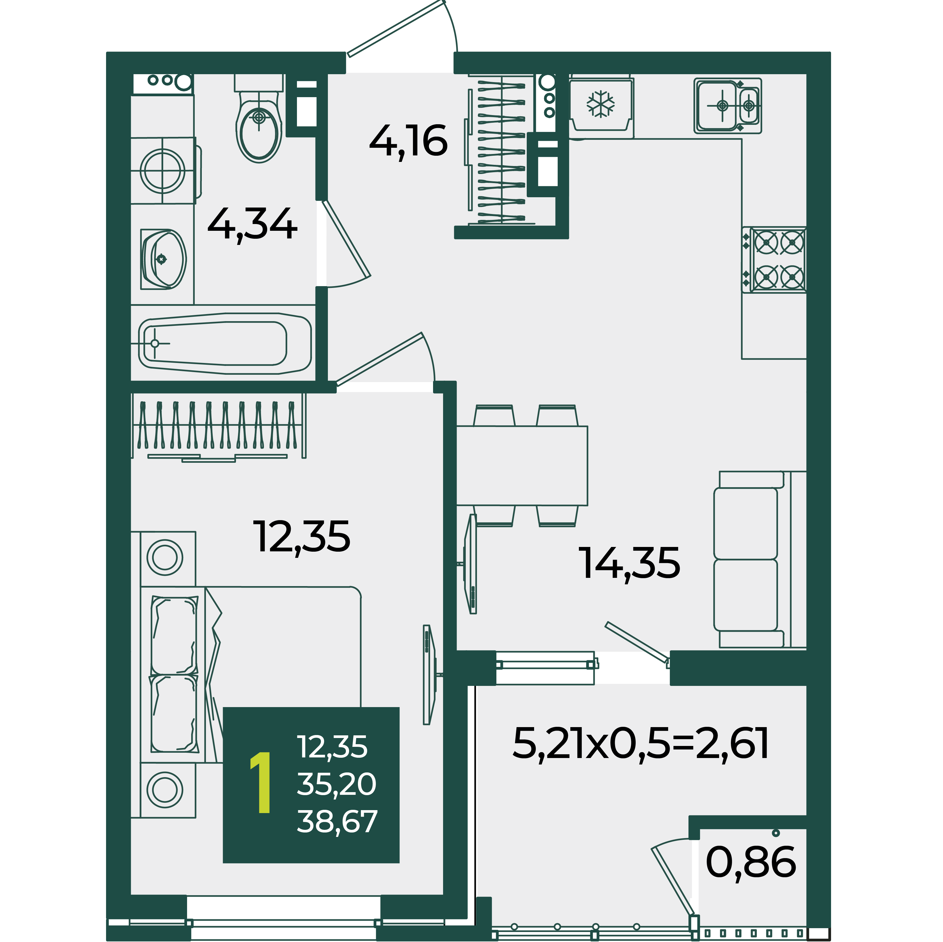 1-комнатная 38 м2 в ЖК Образцово корпус null этаж 7