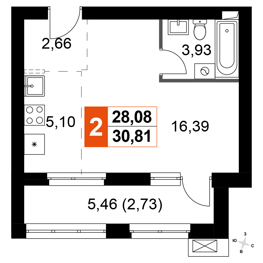 1-комнатная 30 м2 в ЖК Жаворонки Клаб корпус null этаж 3