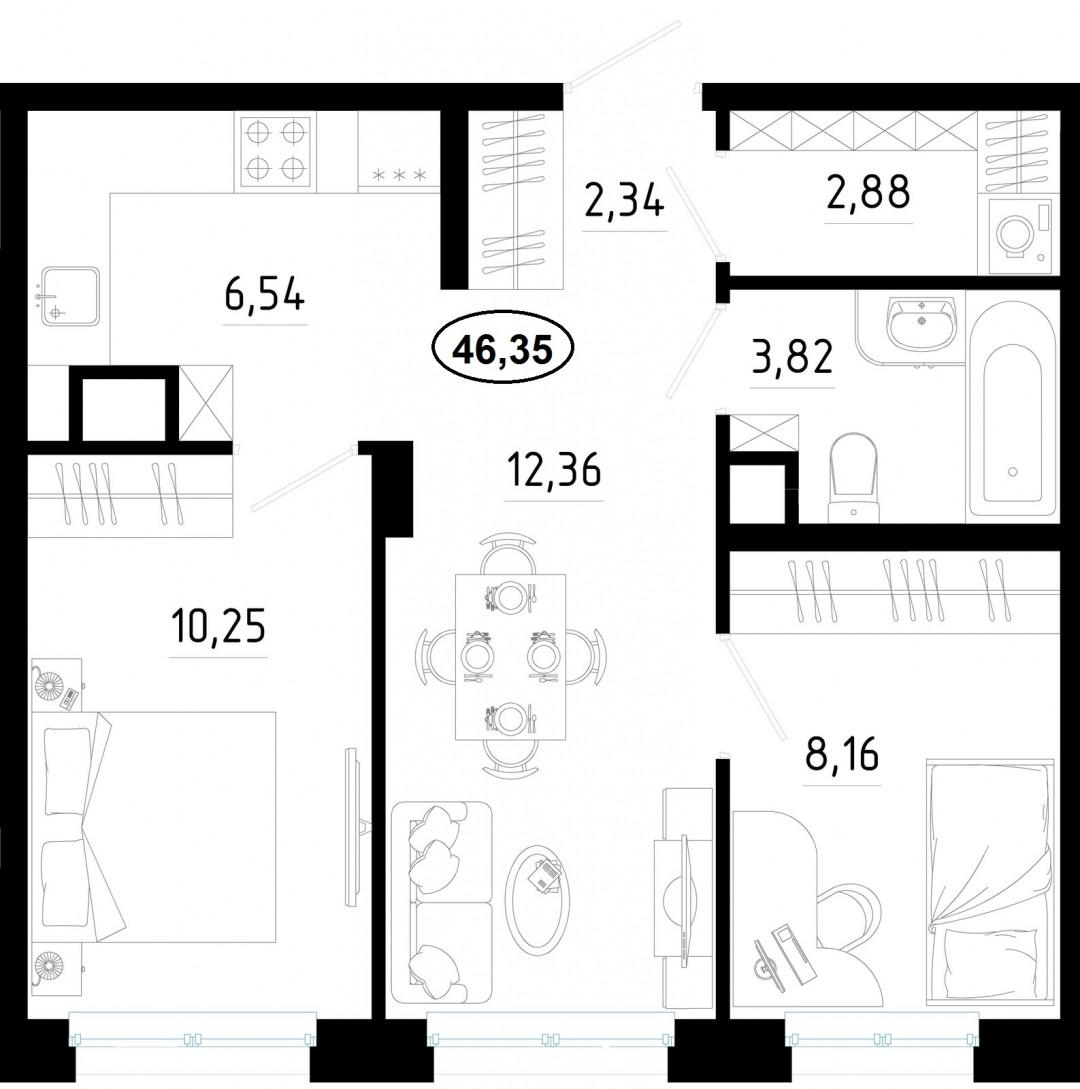 2-комнатная 46.4 м2 в ЖК undefined корпус null этаж 8