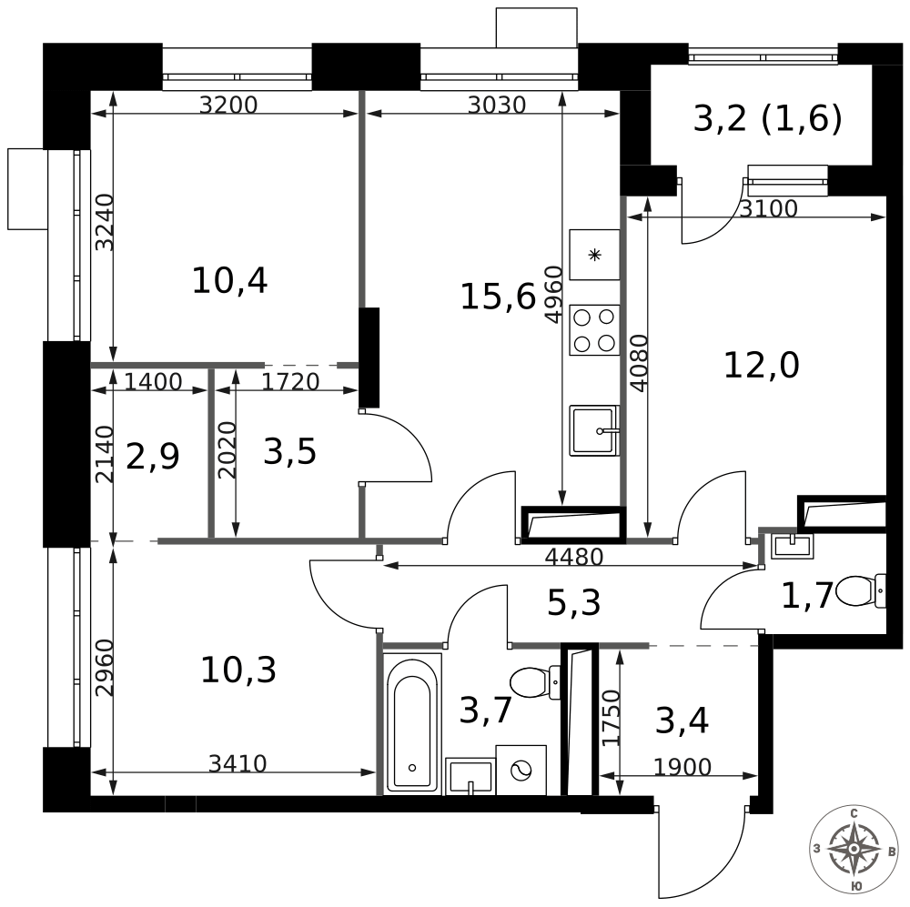 3-комнатная 70 м2 в ЖК 1-й Саларьевский корпус null этаж 7