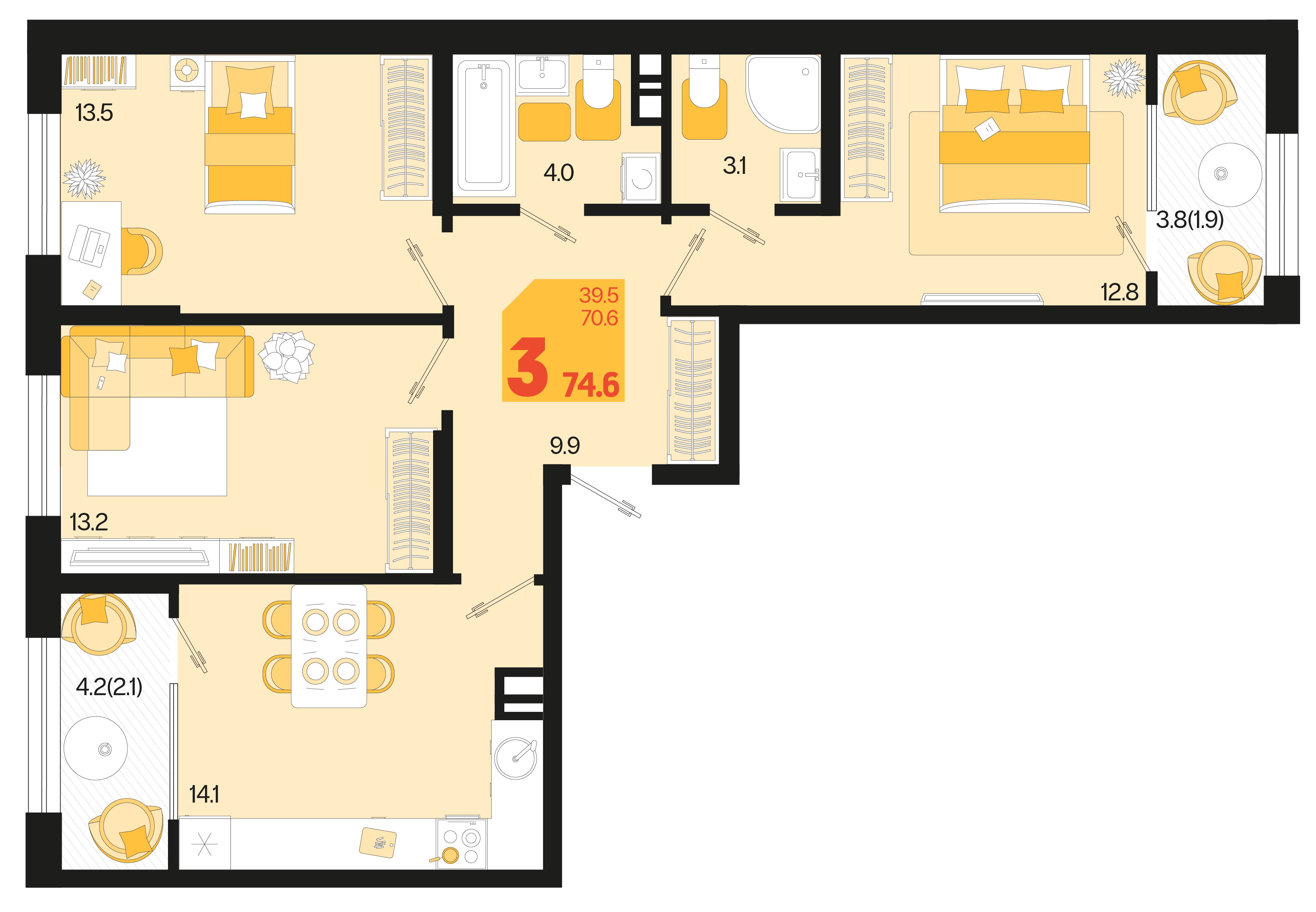 3-комнатная 70 м2 в ЖК Первое место корпус null этаж 5