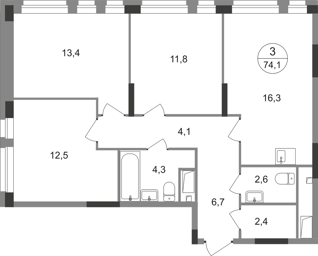 3-комнатная 74 м2 в ЖК Первый Московский корпус null этаж 11