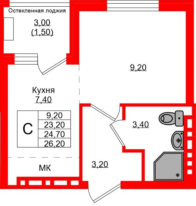 Студия 24 м2 в ЖК Кроны и Волны корпус null этаж 3