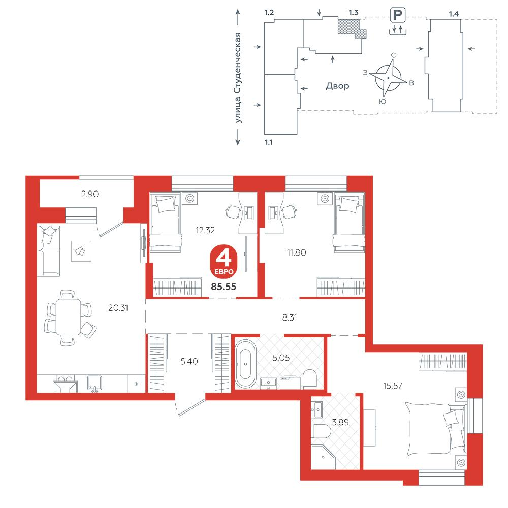 4-комнатная 85 м2 в ЖК Теплые кварталы корпус null этаж 1