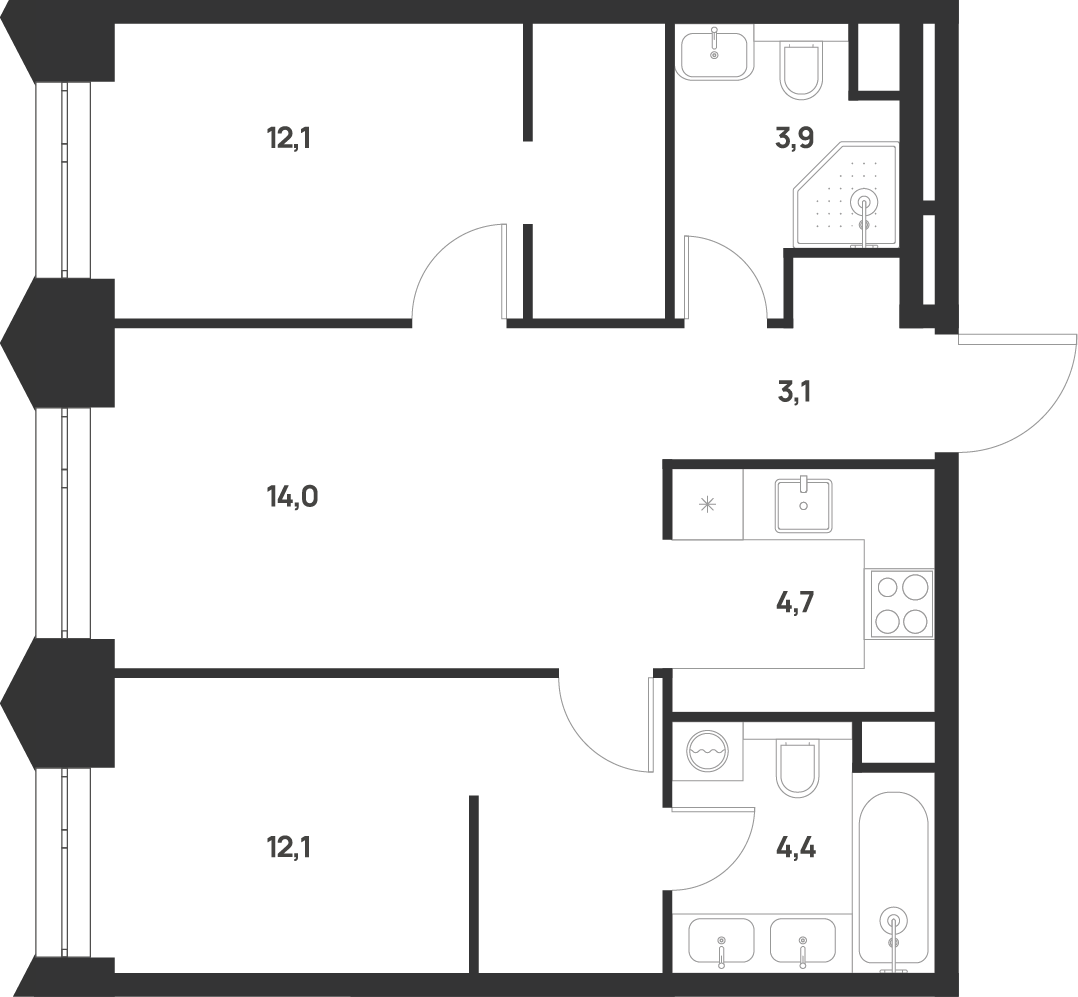 2-комнатная 54 м2 в ЖК Voice Towers корпус null этаж 20
