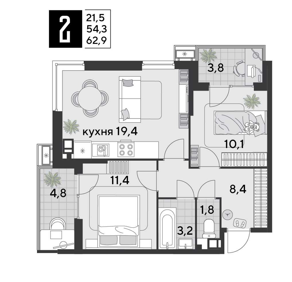 2-комнатная 61 м2 в ЖК Парк Победы 2 корпус null этаж 5