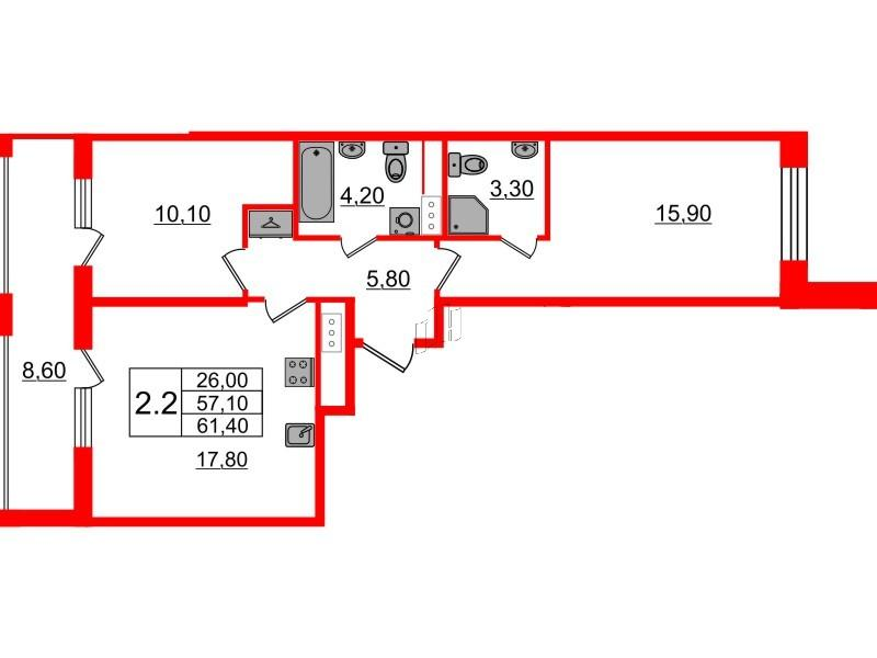 2-комнатная 57 м2 в ЖК Бионика Заповедная корпус null этаж 7