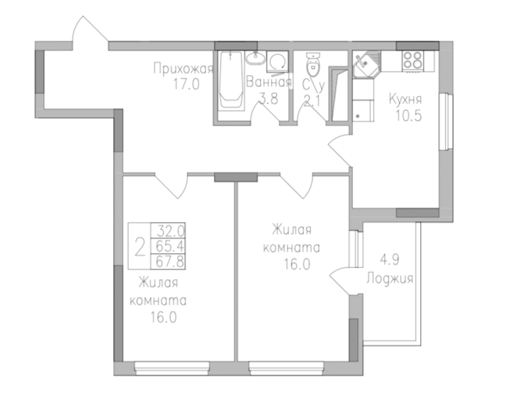 2-комнатная 67.8 м2 в ЖК undefined корпус null этаж 7